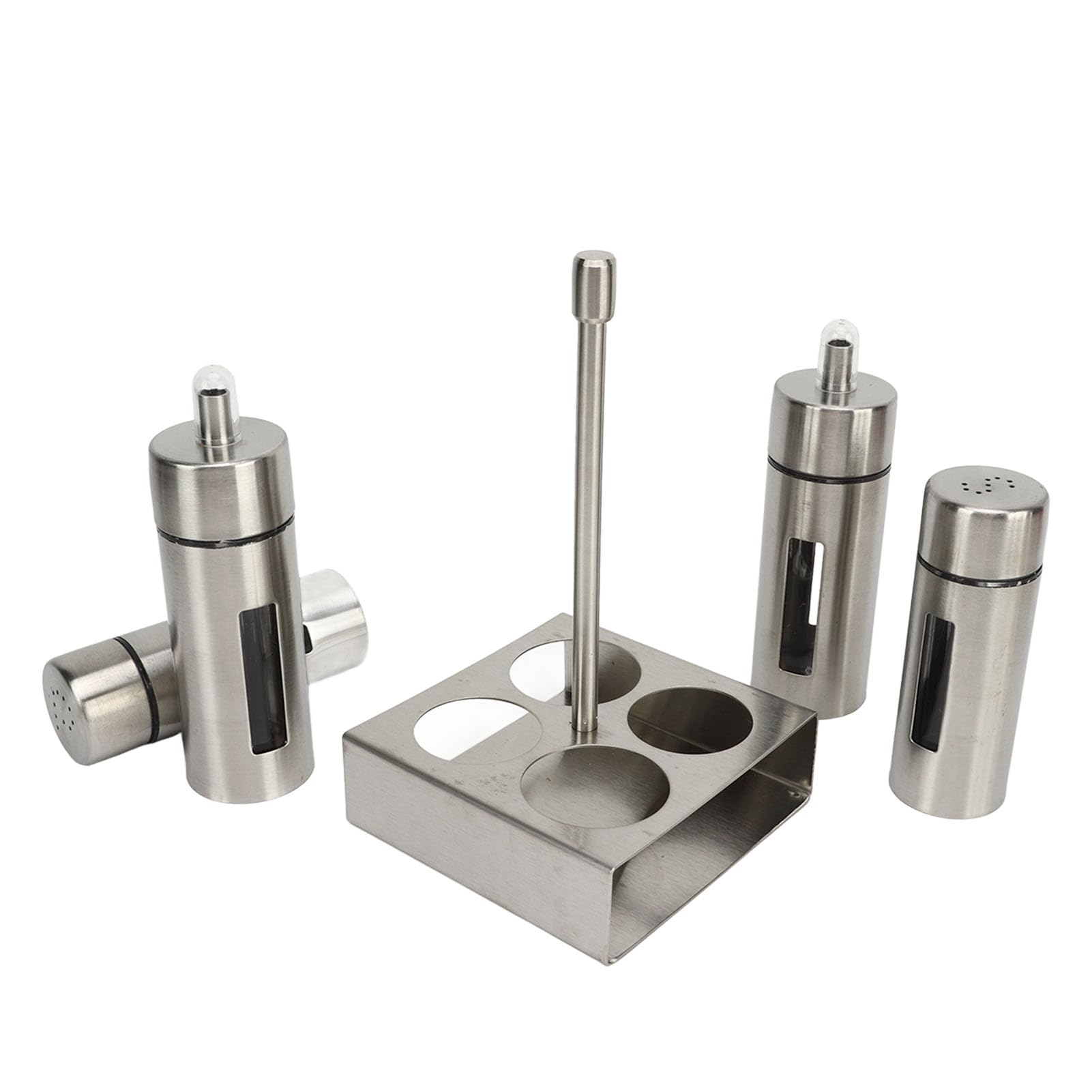 Juego de botellas de aceite y vinagre, salero y pimienta, juego de vinagre de aceite y sal de acero inoxidable 304, pimentero con soporte de base para cocina, restaurante
