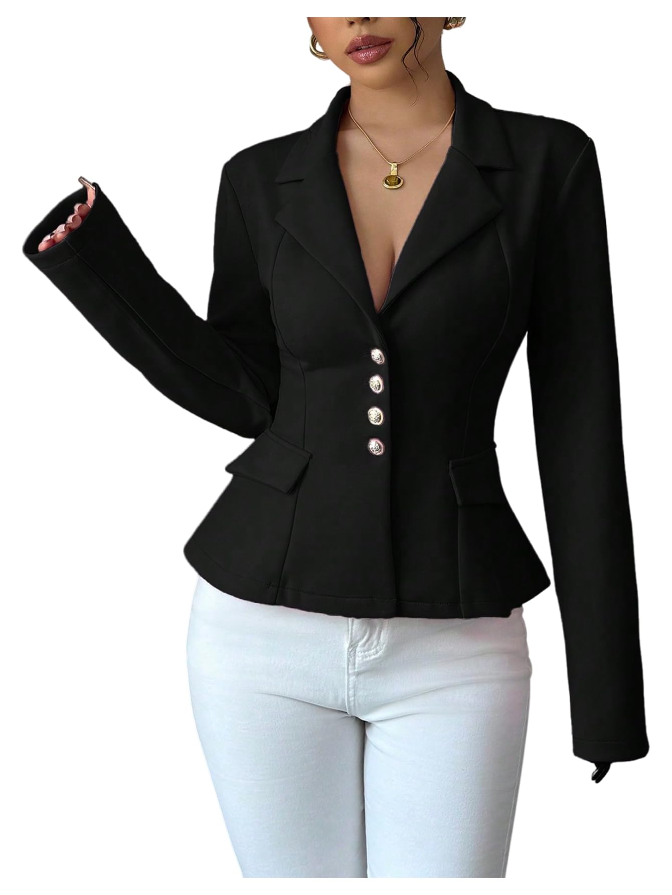 Floerns Womens Elegant Long Sleeve Blazer Jacket Button Down Flared Work Business Casual Outfit