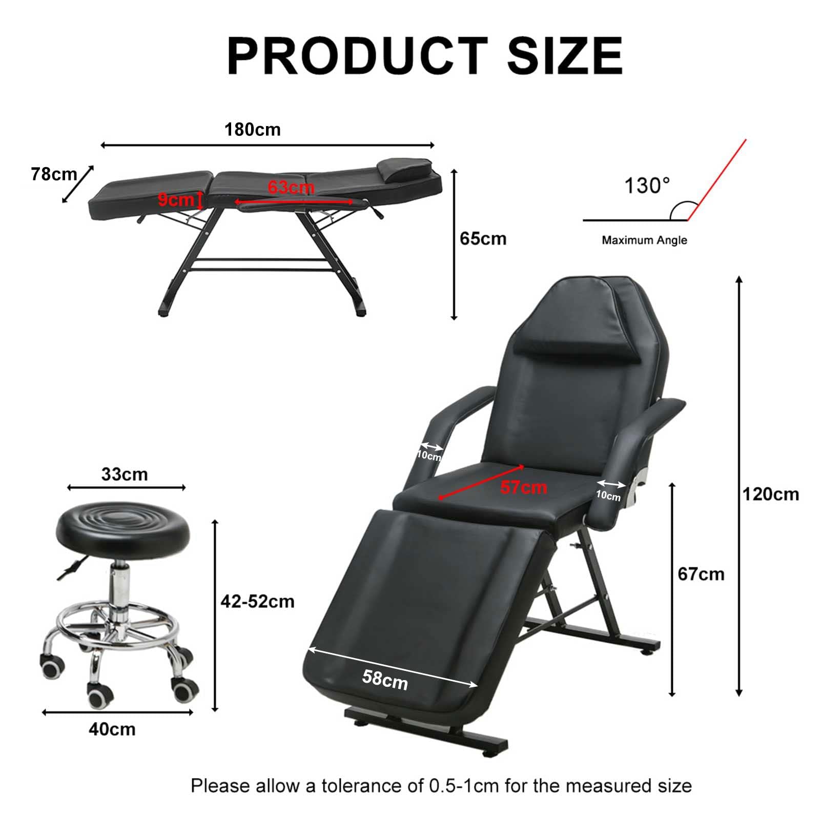 KEEPREAPER Massageliege Kosmetikliege klappbar & höhenverstellbar 3 Zonen mit Kosmetikhocker 78cm Breit Massagebett aus PU-Leder belastbar bis 270kg, Schwarz