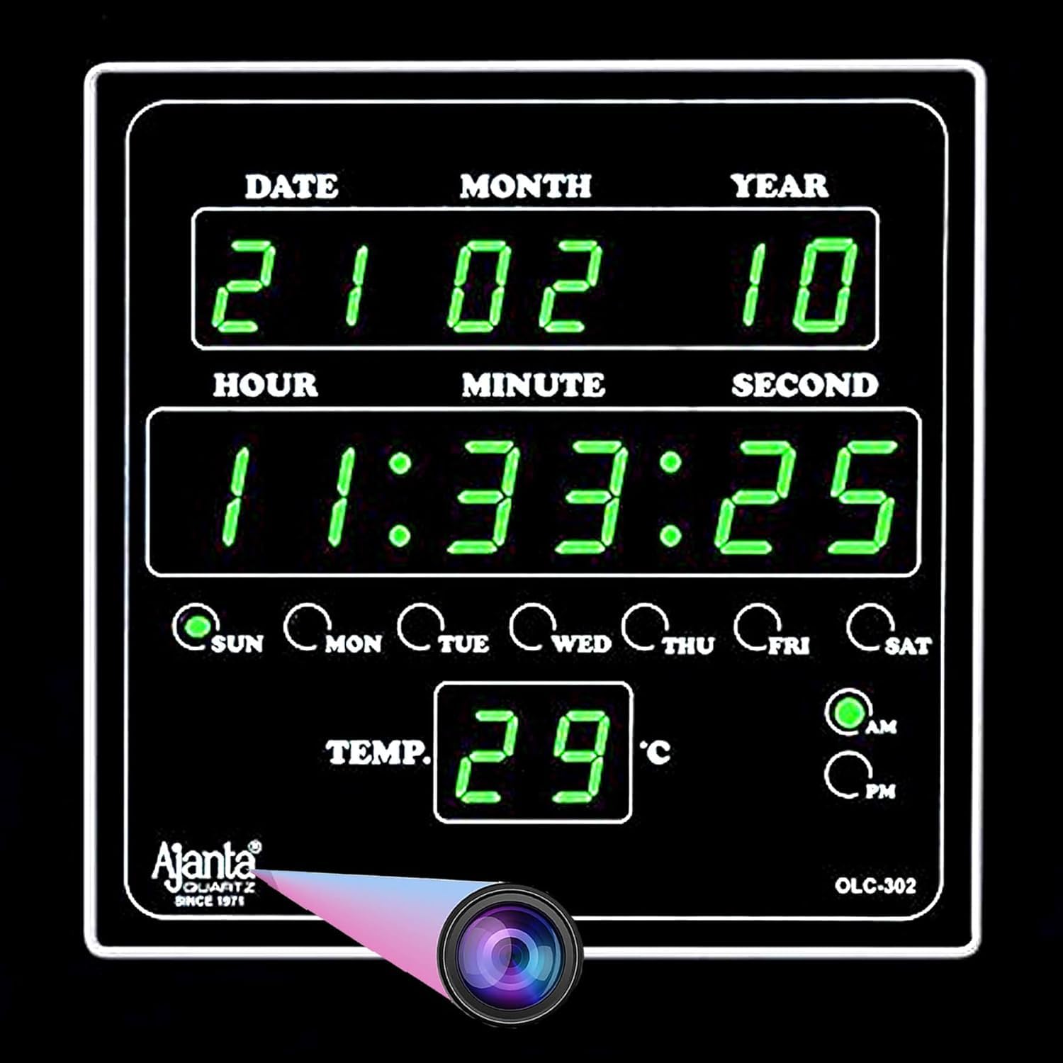 Green Display Smart Digital Full HD WiFi Digital Spy Camera Wall Clock with Long Distance Connectivity Video Recording and HD Voice Quality Watch Live Video.(32GB SD Card Free)