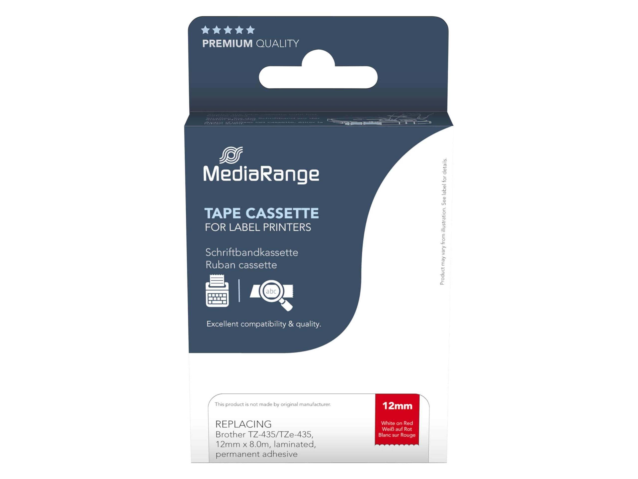MediaRange Plastic Label Tape Cassette for/Replaces Brother TZ-435 / TZe-435 Permanent Adhesive 12 mm 8 m Laminated White on Red