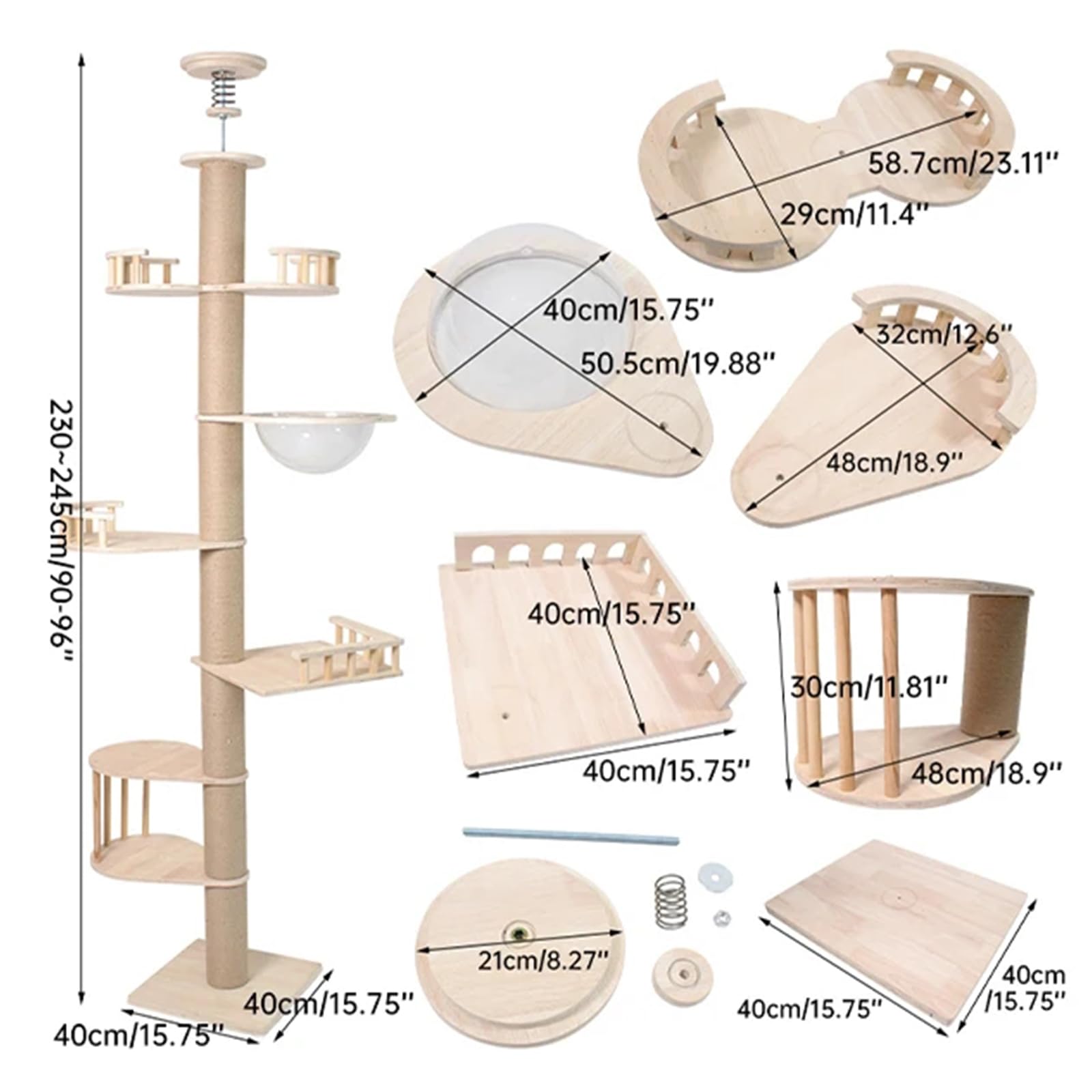 Tiragraffi per Gatto A Soffitto, Albero per Gatti Multilivello in Legno con Tiragraffi in Sisal, Amaca E Altezza Regolabile, 40X40x230-245Cm Albero Tiragraffi per Gatti su 6 Livelli