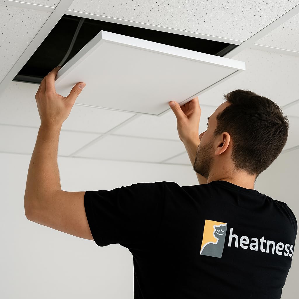 heatness® Infrarot Rasterdeckenheizung 62×62 cm | Heizpanel für Odenwald Rasterdecke 625×625 mm, ideal für Büro, Praxis und Gewerbe, geräuschlos und energieeffizient.