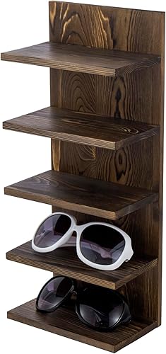MyGift Estante rústico de 5 niveles para lentes de sol de madera maciza quemada, estante de gafas de ojos montado en la pared o soporte de mesa,