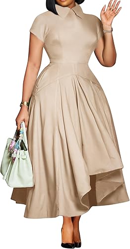 Famnbro Womens Vintage Dress Casual 1950s Short Sleeve A-Line Work Church Busine