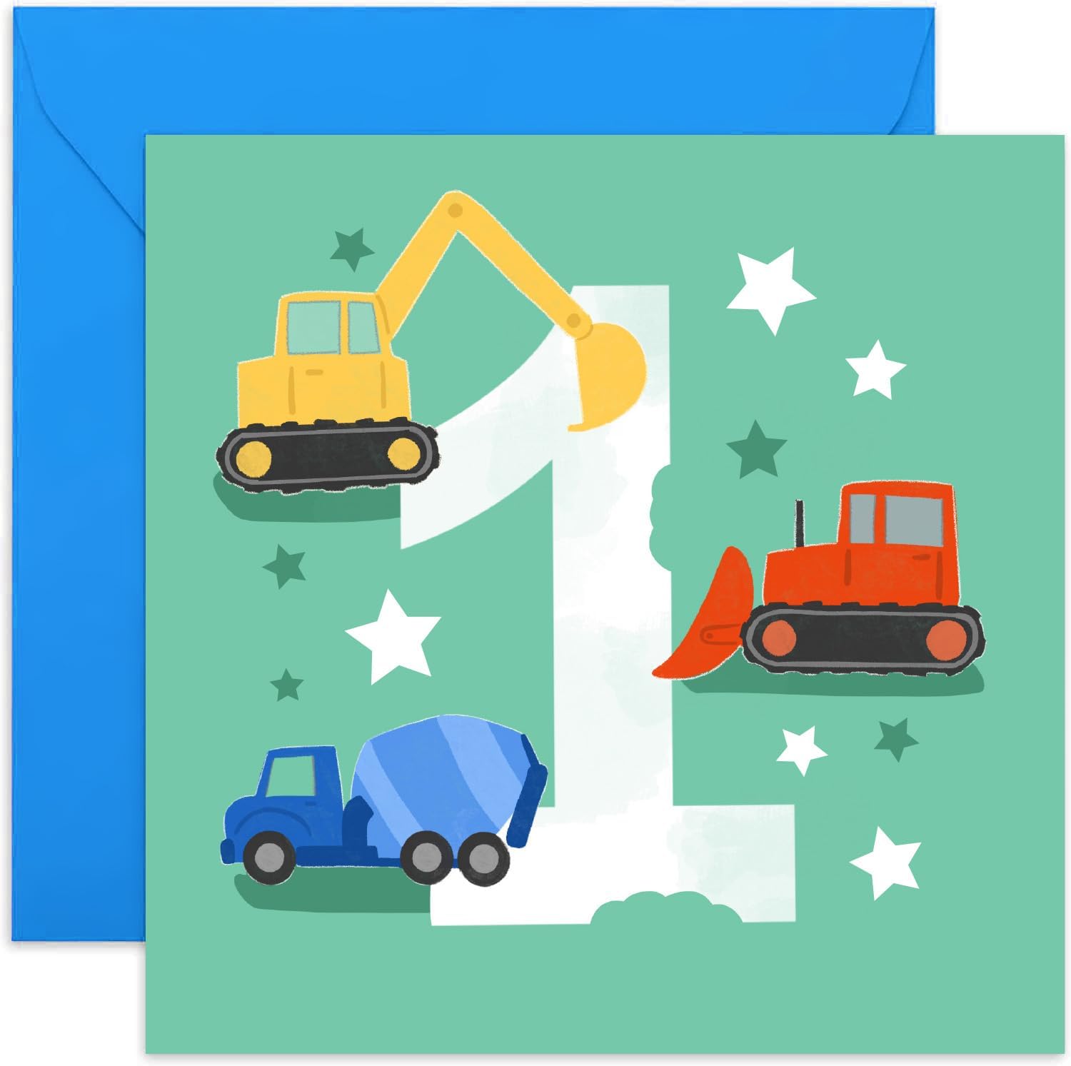 Old English Co. First Birthday Card for Boy or Girl - Happy 1st Birthday Card for One Year Old - Digger, Tractor, Construction Vehicle Theme - Age 1 -