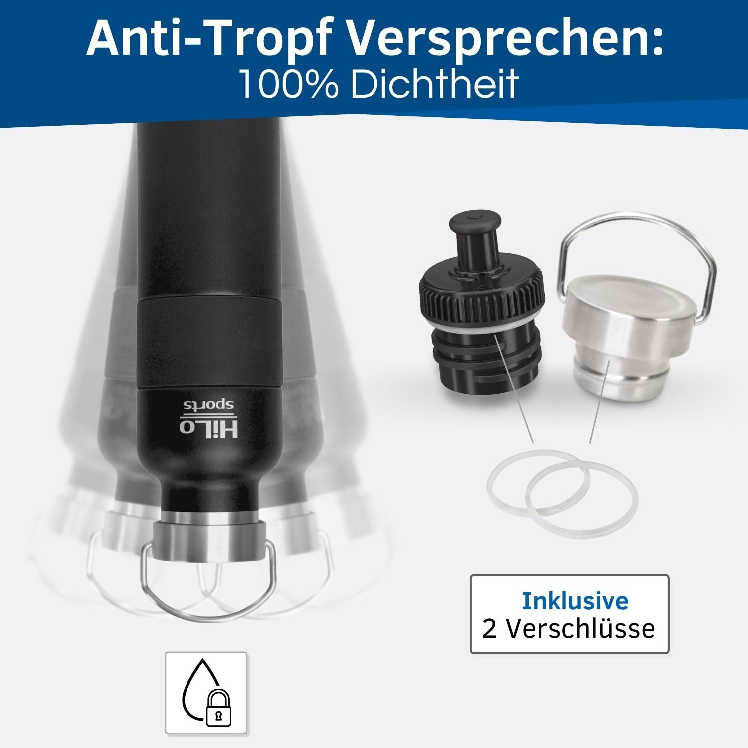 HiLo sports 600 ml Fahrradflasche Edelstahl Isoliert - Für Kunststoff Flaschenhalter - [Pulver Beschichtetes Edelstahl] - Fahrrad Trinkflasche mit 2 Verschlüssen - Thermo Radflasche