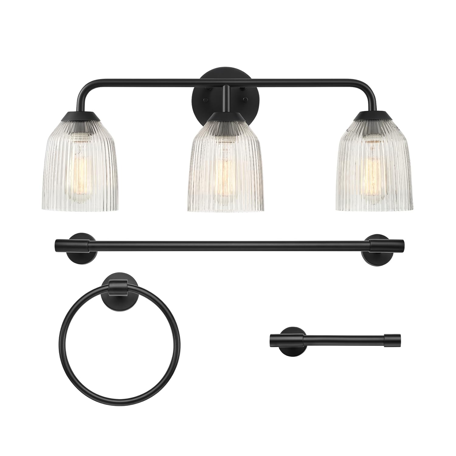 Globe Electric 4-Piece All-in-One Bathroom Set, Matte Black, 3-Light Vanity Light with Ribbed Glass Shades, Towel Bar, Toilet Paper Holder, Towel Ring