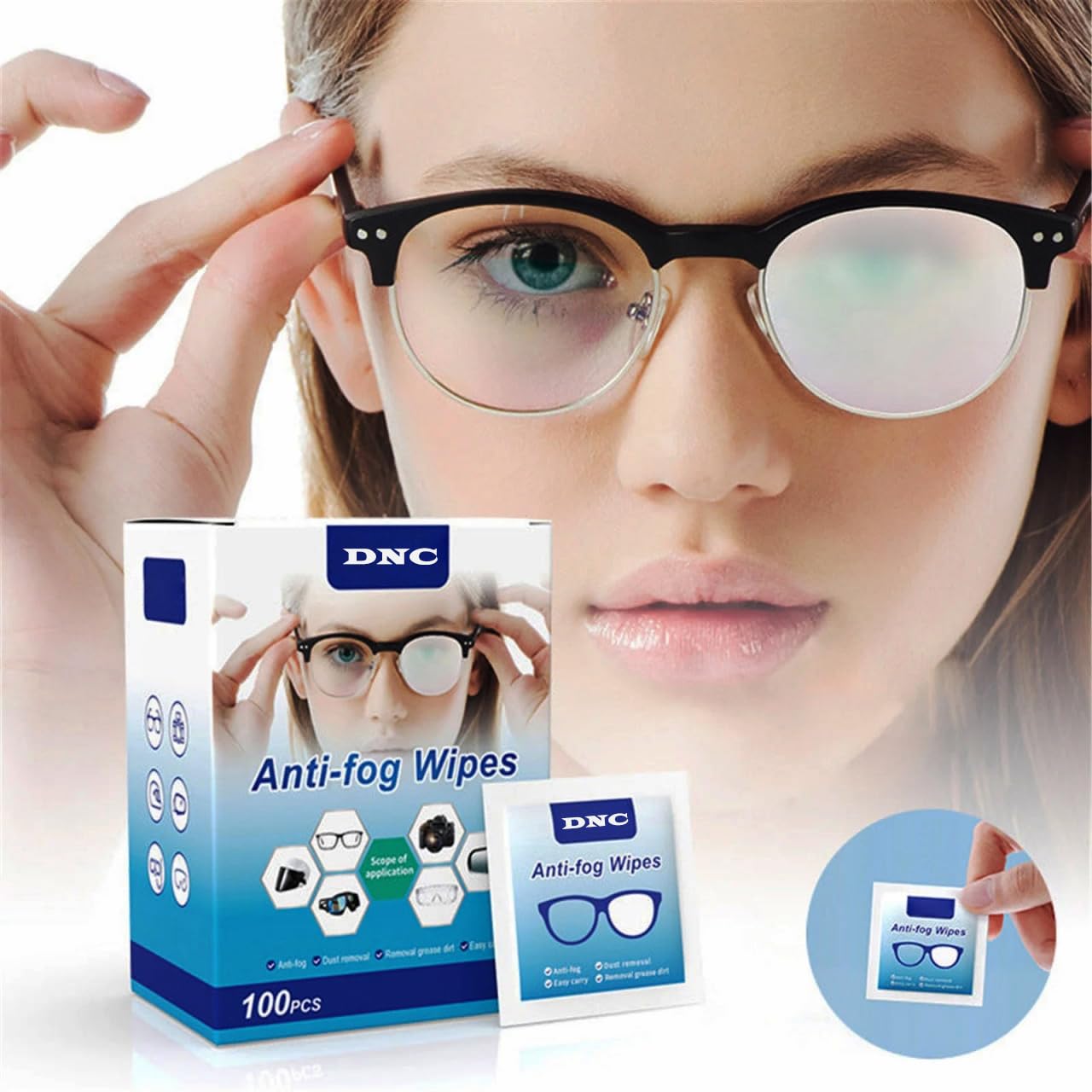 DNC 100Pcs Anti Fog Wipes for Glasses, Individually Wrapped Lens Cleaner Wipes Pre-Moistened Lens & Screen Cleaning Wipes for Laptop Computer, Pc Monitor, Phone, Watch, Camera Lens.