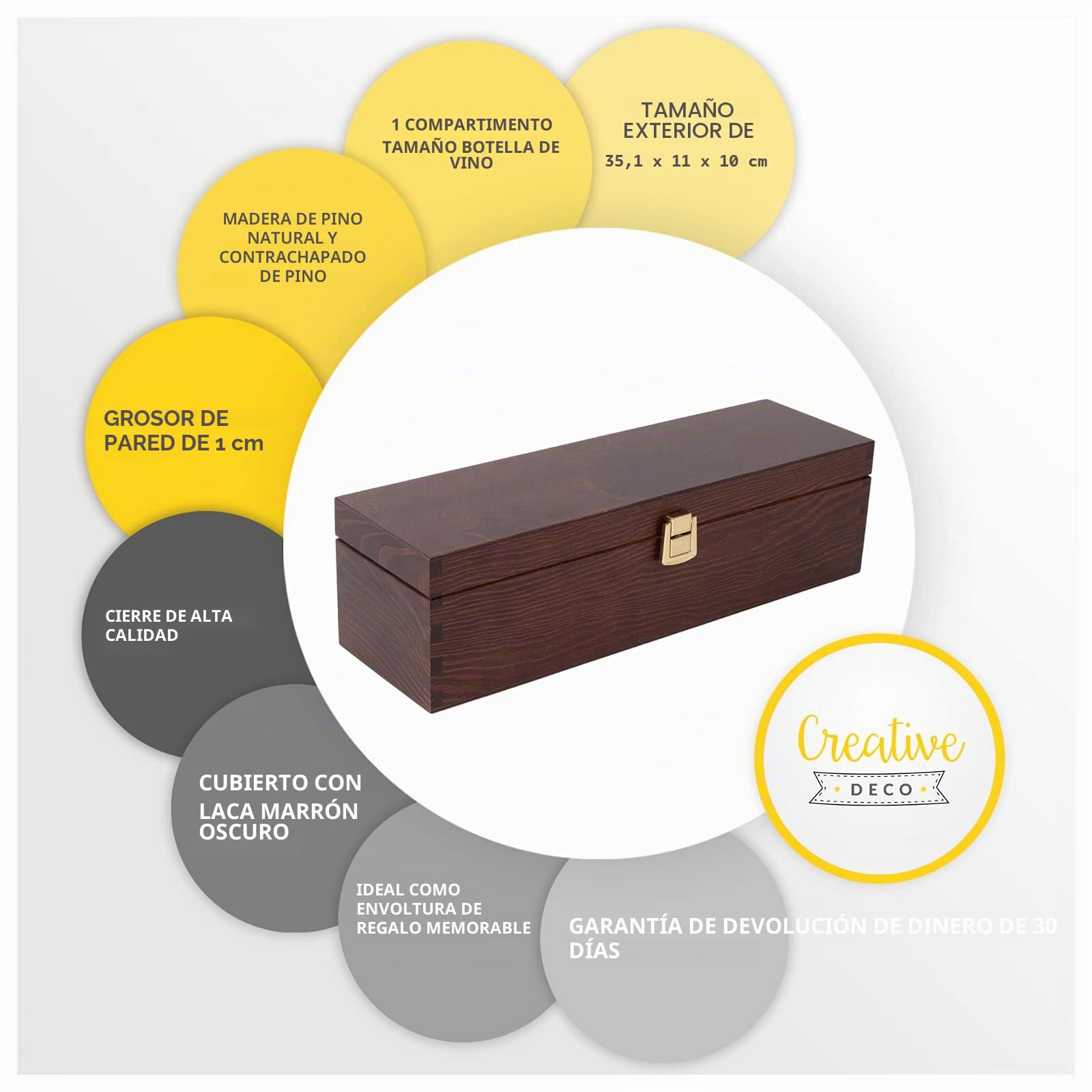 Creative DECO Marrón Caja Madera Vino Barnizada 35,1x11x9,8cm (+-1cm) | 1 Botella | con Tapa y Bisagra | Perfecta para Pascua Regalo Decorar Decoupage Almacenamiento Decoración Manualidades