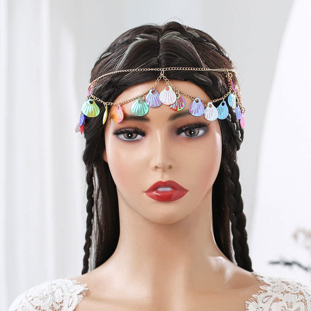 IYOU Boho Shell Head Chain Gold Sequin Tassel Headpiece Cosplay Layered Carnival Halloween Hair Pieces Accessories for Women - Image 4