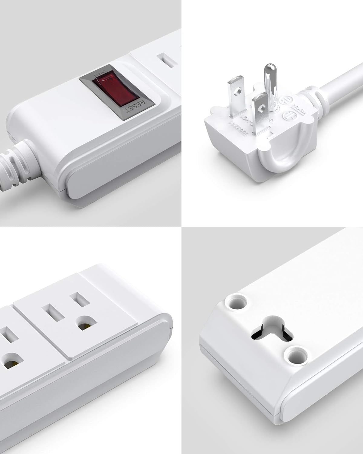 Primer pla views of BESTEK Power Strip features: power switch, right-angle plug, outlets, and mounting holes