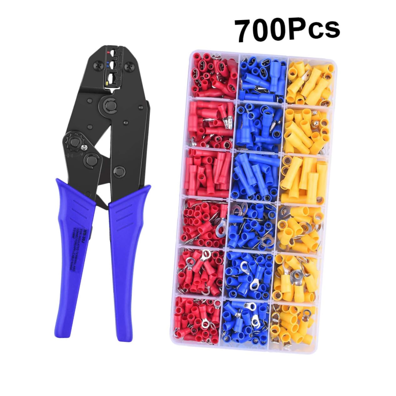 30J Crimping Pliers for 0.5-6mm² Insulated Terminals 700-Piece Cold Pressed Terminal Clamp Set Wiring Pliers Ratcheting Mechanism