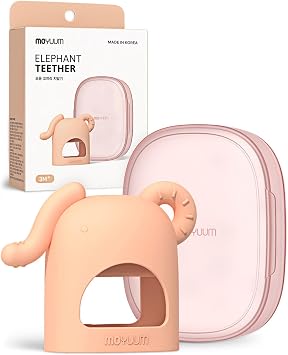 MOYUUM Elephant Teether Elephant Grip Hand Teaser Toy | Made in Korea Teething Relief, Wearable, Easy to Hold, Fall Prevention, with Adjustable Wrist Strap for Baby, Coral Pink, Silicone