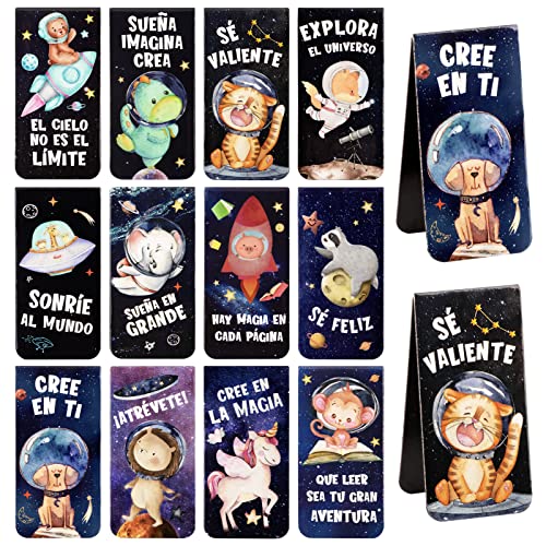 12pcs Marcapáginas Magnético Inspiradoras en Español Marcadores Planeta de Libros Clip de Página para Suministros Regalos Cumpleaños Niños Alumnos