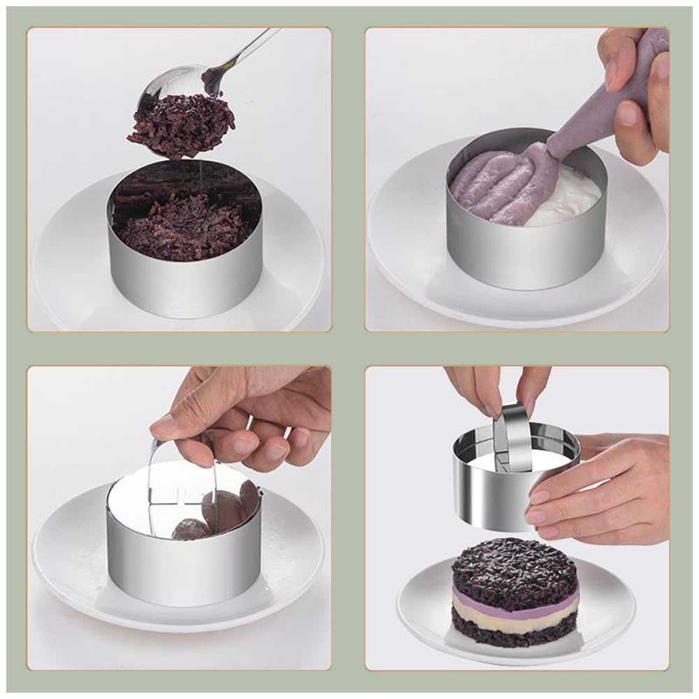 Round Cake Ring Mold, 3 inch Stainless Steel Dessert Mousse Molds with Pusher & Lifter Cooking Rings, Tuna Tartare Mold (4 Rings & 4 Pusher)