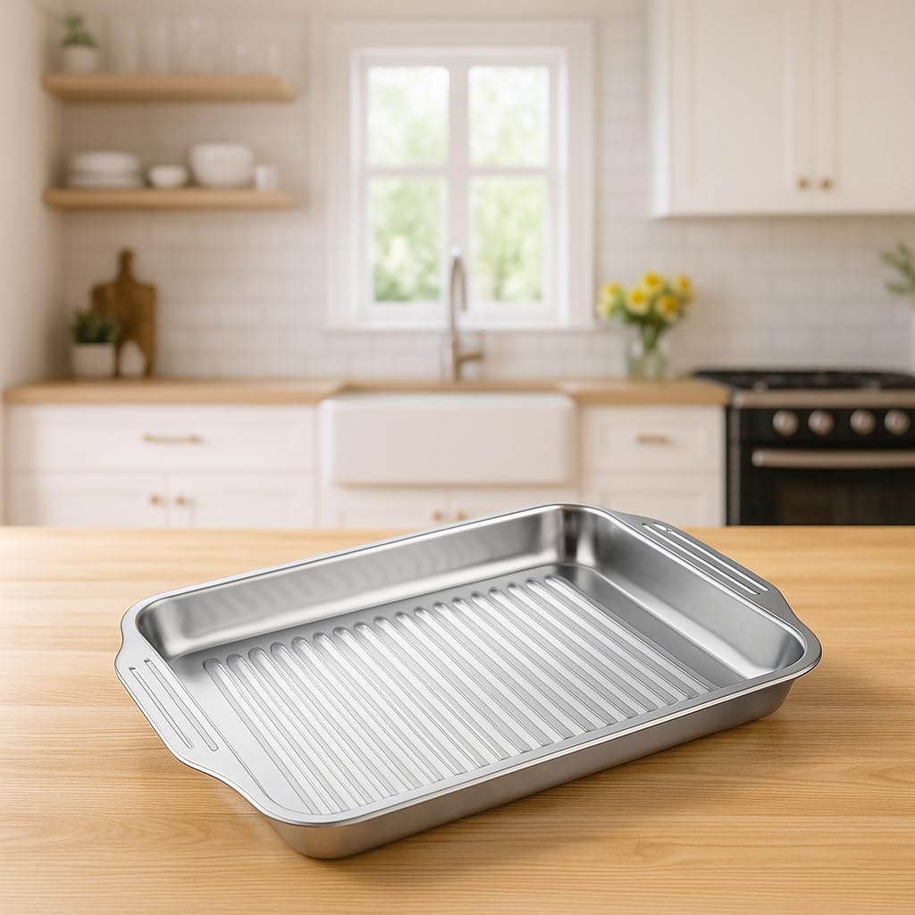 Teglia da Forno Rettangolare in Acciaio Inox 36 x 27 - Teglia Profonda per Arrosti, Lasagne e Verdure - Vassoio da Forno Universale - Grandi Stampi Rettangolari per Cuocere