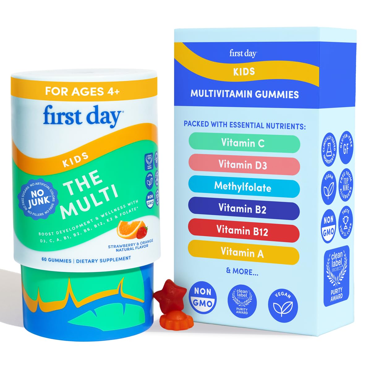 First Day Kids Multivitamin Gummies Age 4+, Strawberry & Orange - Kids Vitamins Multivitamin Gummy A C D3 K2 B1 B2 B6 B12 Folate, Immunity & Brain Function, Vegan - 30 Day Supply, Packaging May Vary