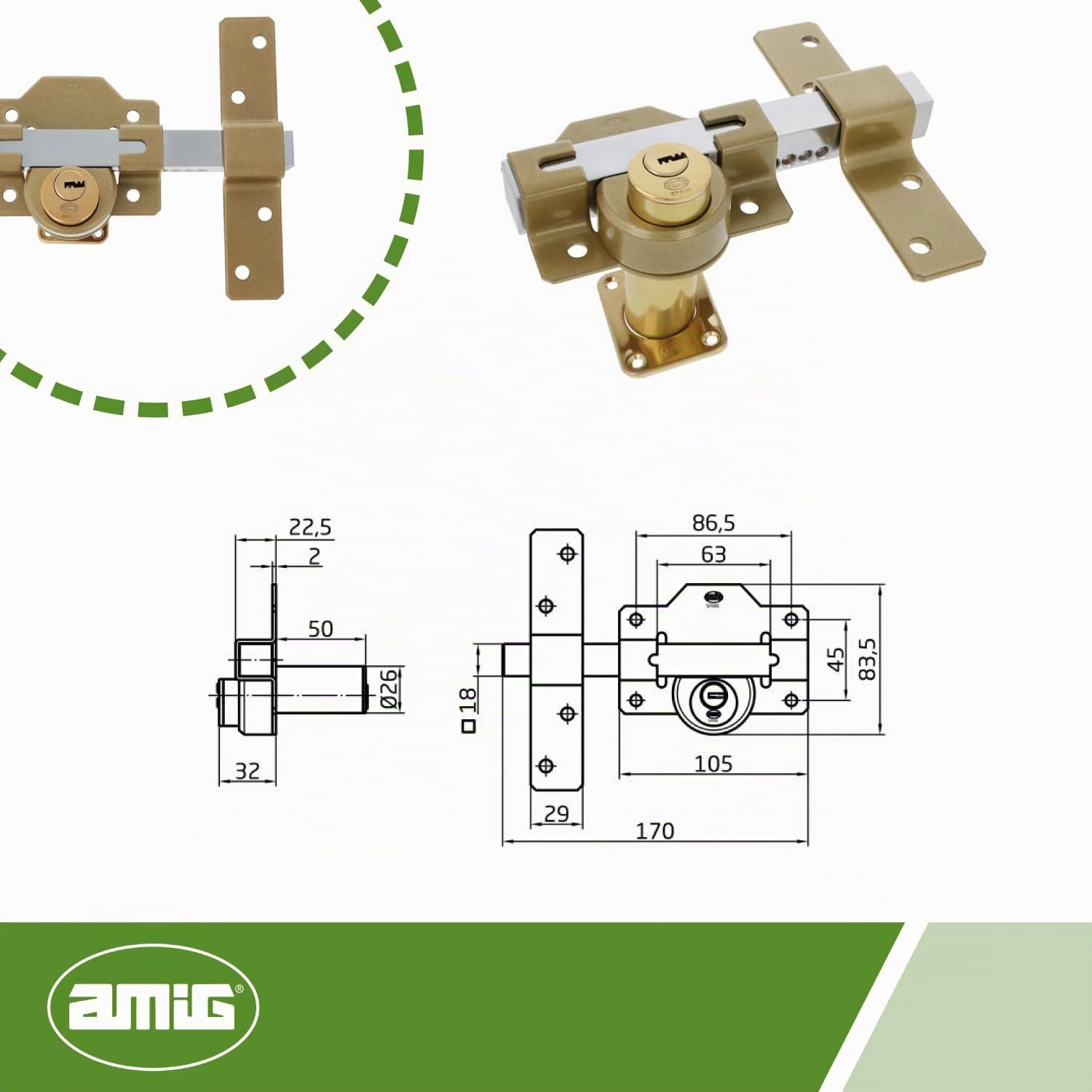 Amig - Chiavistello da sovrapporre con cilindro rotondo interno ed esterno mod. 40-105 x 170 mm - Serratura di sicurezza con chiave - Include 5 chiavi a maglia - Acciaio Martel