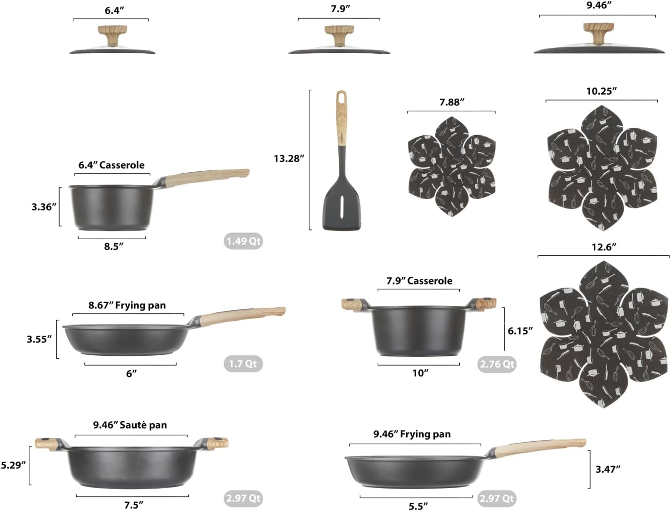 12-pcs cookware set Nonstick, Induction pots and pans, Aluminum pans for cooking with glass lids, kitchen tool and pan protectors, PFOA-free (12 piece)