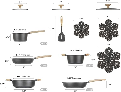 Miniatura 3 de Juego de utensilios de cocina de 12 piezas antiadherentes, ollas y sartenes de inducción, sartenes de aluminio para cocinar con tapas de vidrio,