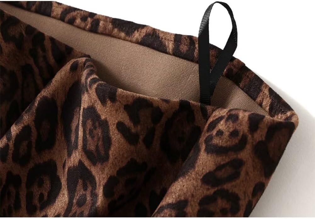 Women’s Leopard Print Midi Skirt High Waist Pull-On Faux Suede Skirt with Flared Hem for Casual Work Wear - Image 2