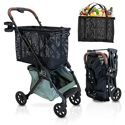 Strolee Personal Luxury Folding Shopping Cart On Premium Wheels â Ultra Lightweight Aluminum Frame â Removable Shopping Bag with Carry Strap & Lower Grocery Storage 75Lbs Capacity (Sage v2) - Sage V2