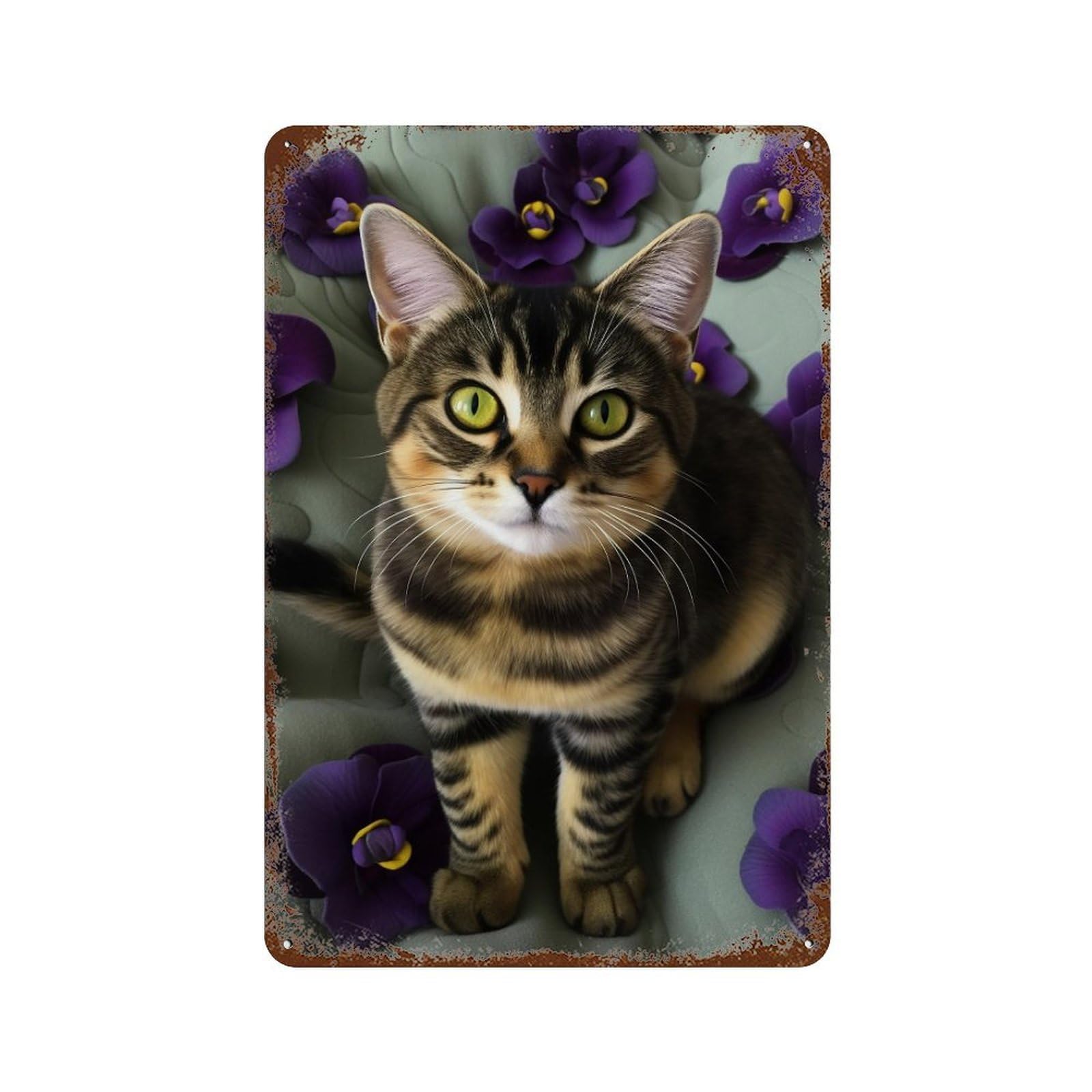 Adorable Tabby Cat with Purple Flowers Decorative Tin Sign 11.8"x7.9", for Garage, Bar And Workshop Decor, Novelty Wall Decor
