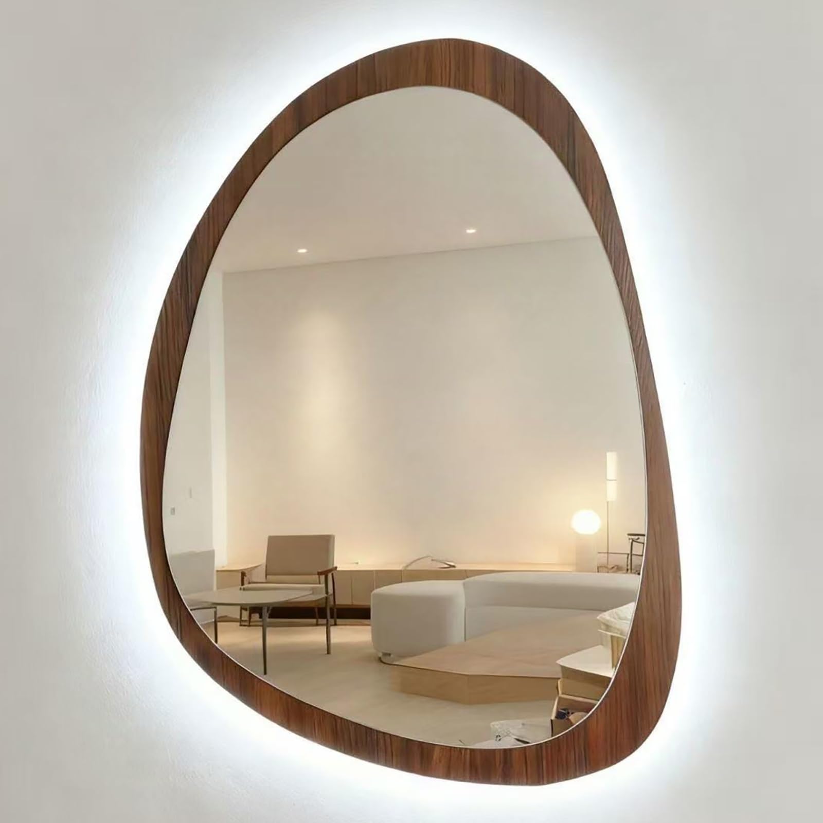 50x70cm 60x80cm Espejo De Baño LED Retro Irregular De 3 Colores, Espejo De Pared Retroiluminado con Iluminación Antivaho Y Marco, Nogal, Negro, Interruptor Táctil(Walnut - Anti-Fog,60x80cm)