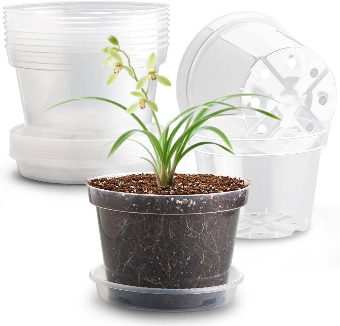 12 Pack 8 Inch Clear Plant Pots with Saucers, Transparent Plastic Nursery Pots with Drainage Hole, Sturdy Garden Planter Pots, Planting Starter Pots for Indoor Outdoor