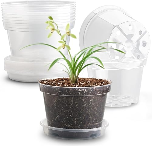 Vista 13 de Paquete de 12 Macetas, Maceta de 8 Pulgadas con Platillo Transparente, Macetas de Plástico para Plantas de Interior y Exterior como Fresas, Hierbas
