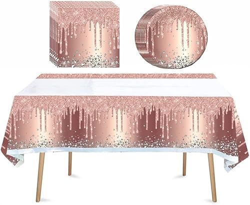 41 suministros de fiesta de oro rosa rosa, incluye 20 platos, 20 servilletas y 1 mantel, utilizado para decoración de fiesta de cumpleaños rosa y