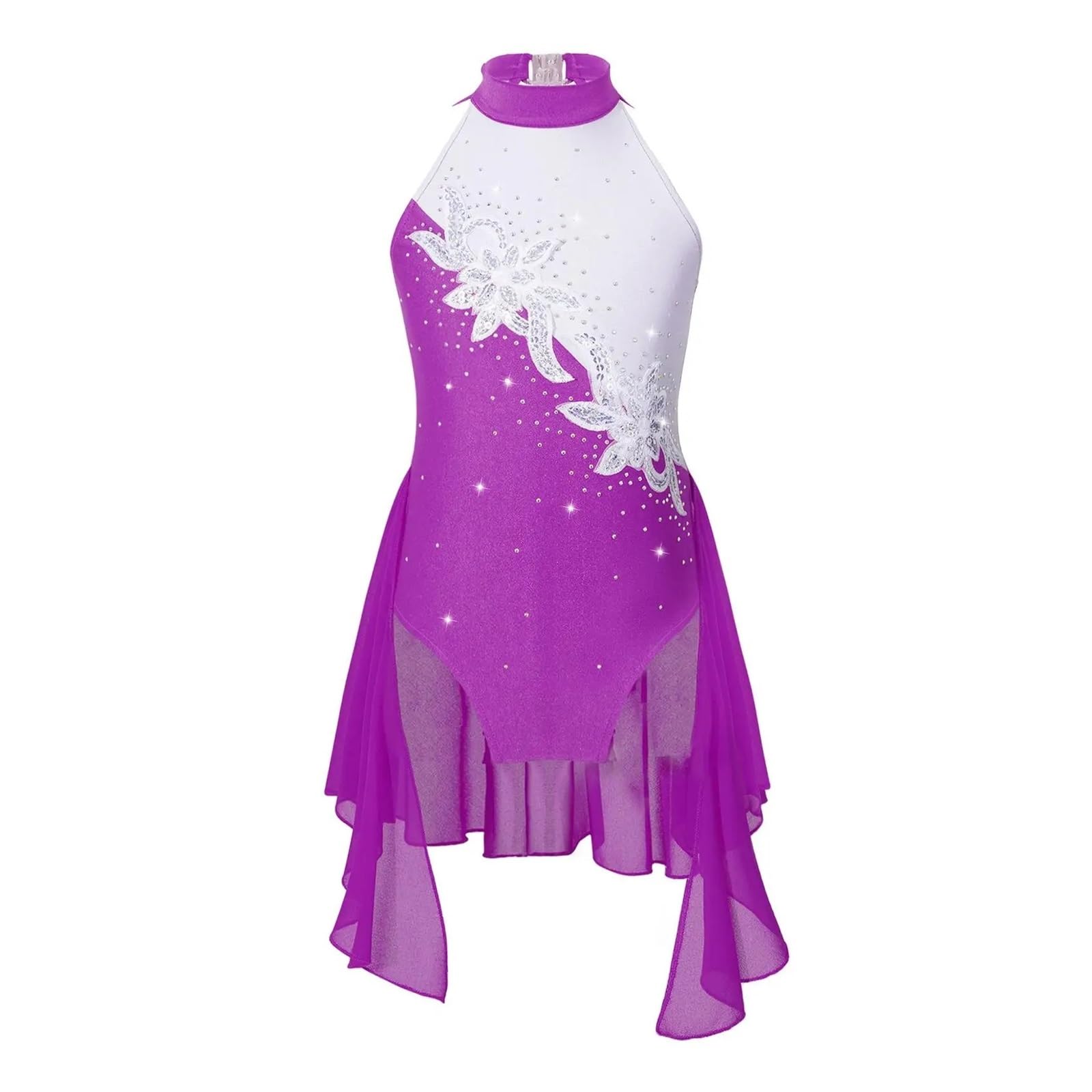 Vestito Da Pattinaggio Artistico Per Bambina – Senza Maniche Con Strass, Guanti Inclusi, Taglie 6-16 Anni