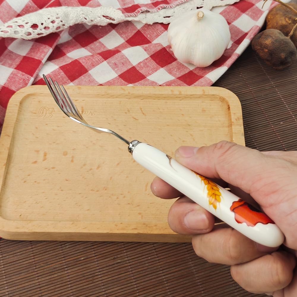 Dinner Fork 8inch 20cm Steak Fork (SUS304) 18-10 Stainless Steel, White Ceramic Handle Featuring Papaver rhoeas L. Pattern Main Course/Table/Service Forks (3Pcs Forks)