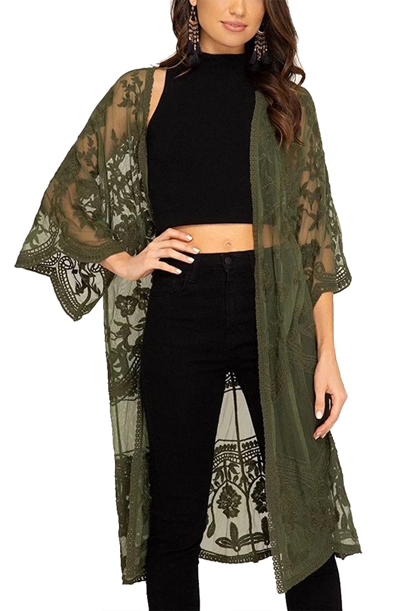 L-Peach Vestido Floral Encaje de Playa Kimono Sarong Pareo Cover ups para Mujer
