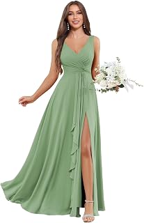 Women's V Neck Bridesmaid Dresses with Pockets A Line Ruffles Ruched Long Slit Chiffon Evening Party Gown