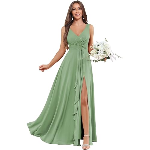 BOLENSYE Women's V Neck Bridesmaid Dresses with Pockets A Line Ruffles Ruched Long Slit Chiffon Evening Party Gown
