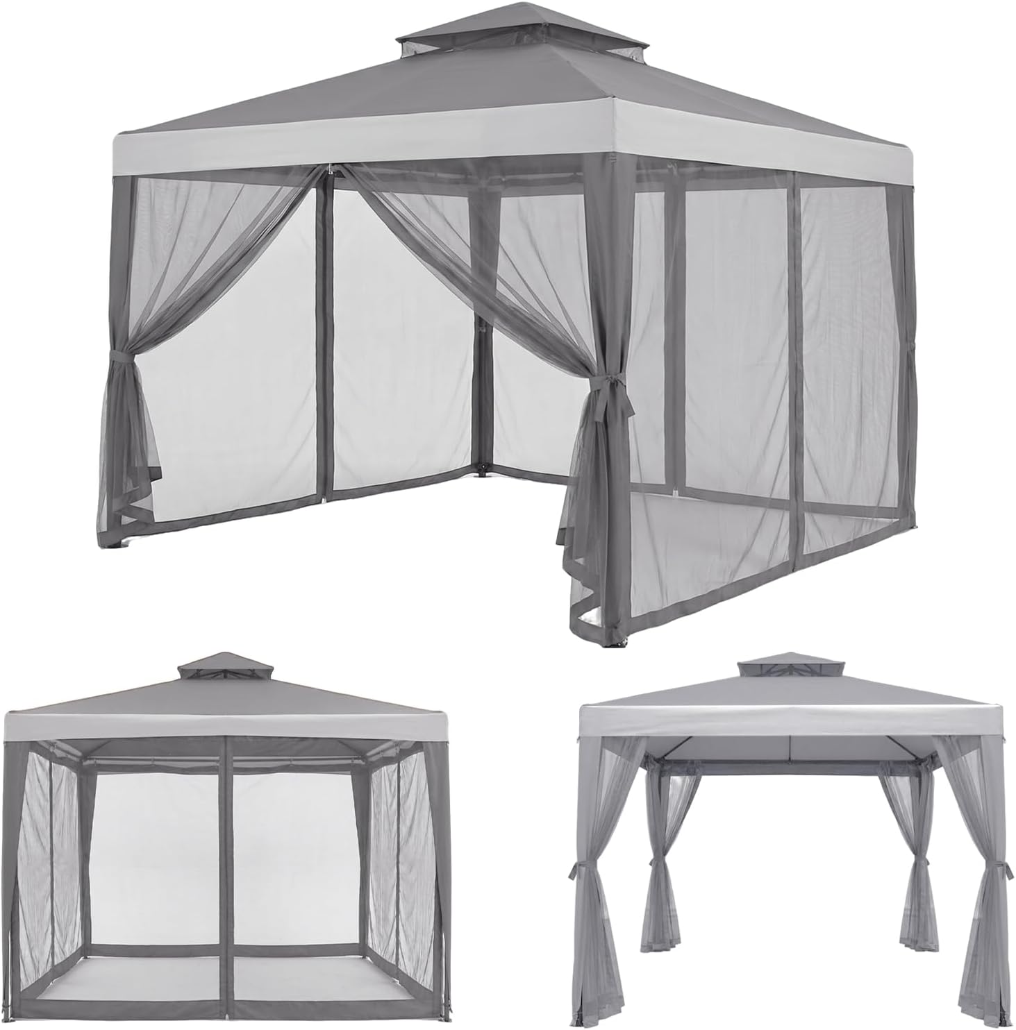 10x10 Gazebo with Netting, Canopy Tent Sun Shade Shelter for Outdoor Patio Backyard (Gray)