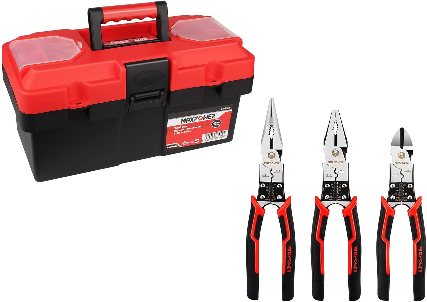 MAXPOWER Plastic Tool Box 14" and Multifunctional Pliers Set