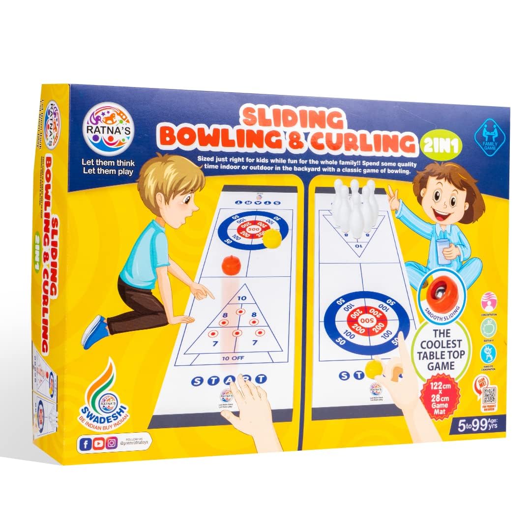 BKDT Marketing 6pc Sliding Bowling, 4pc Curling Strikers & 1pc Playing Mat - Bowling 2in1 Indoor Outdoor Sports Game for Kids - Multicolor