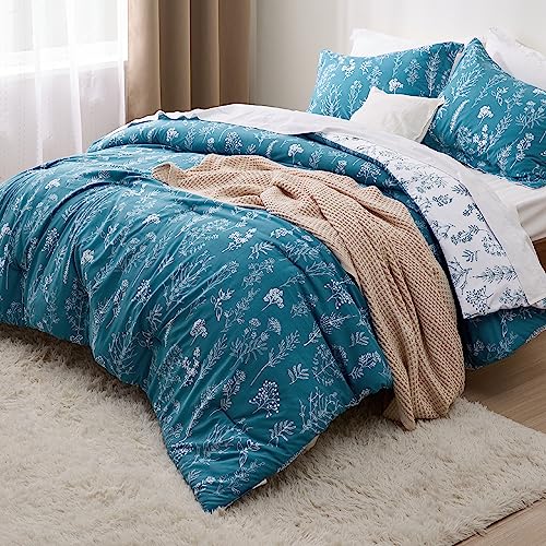 Image of Bedsure Full Comforter Set - Teal Blue Bed Set, 3 Pieces Cute Floral Bedding, 1 Soft Reversible Botanical Flowers Comforter and 2 Pillow Shams