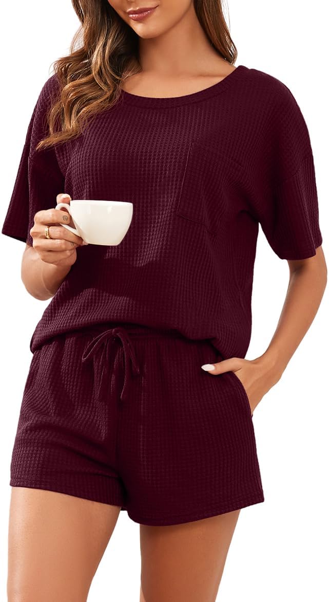 PrinStory Pajamas Set for Women Waffle Knit Lounge Set 2 Piece Outfits Loungewear Sweatsuit with Pockets
