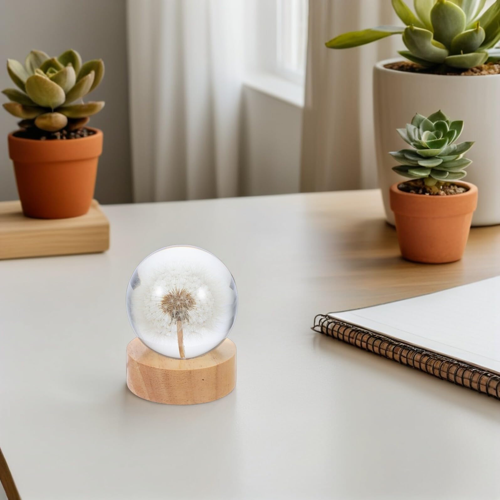 Toyvian Lámpara de Noche Bola de Cristal 6 CM con Luz LED Grabado 3D de Diente de León Base de Madera Maciza Luz Nocturna Esférica USB para Decoración y Ambiente Acogedor