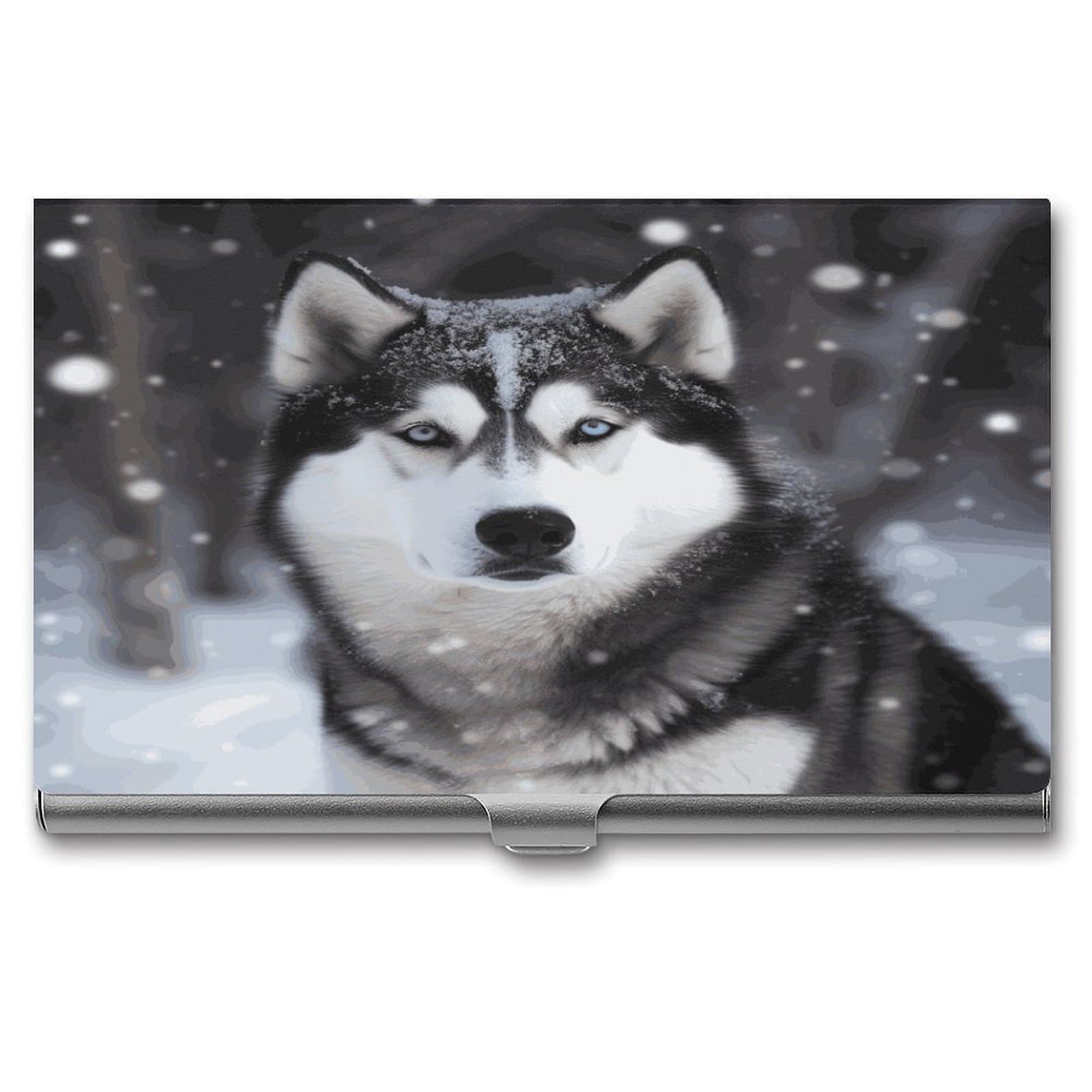 JTREHY Husky In Snow Dog Business Card Holder Slim Purse Name Card Holder Portable Metal Business Card Case Wallet Large Capacity Lightweight Business Card Case for Men Women