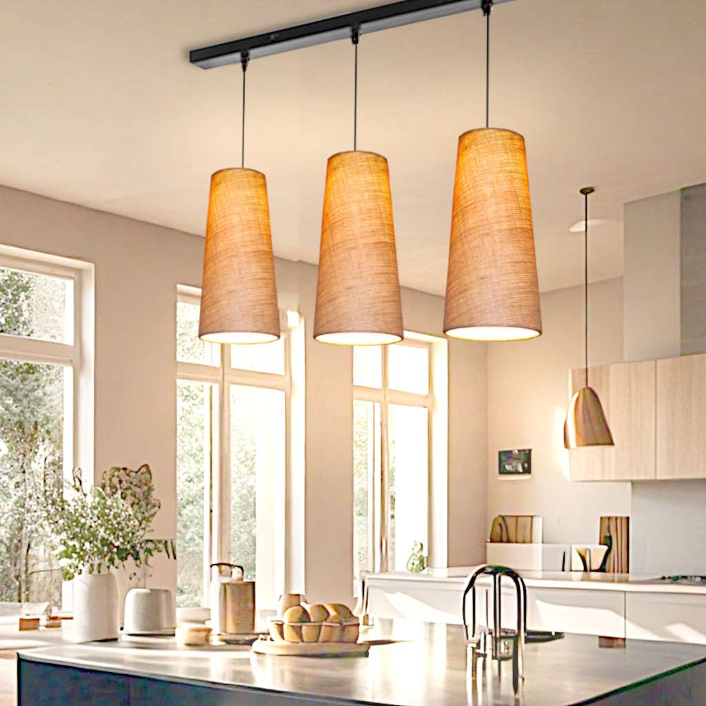 woodooz home decor jute ceiling hanging lights set of 3 | cluster hanging lights 3 set pendant lamp for dining rooms - living room | linear hanging lamp set of 3 (jute conical)