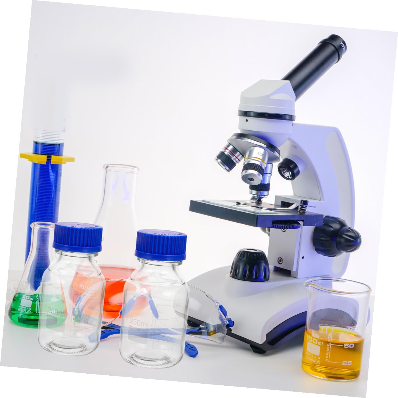 Cabilock Reagente Resistenti Agli Urti e Leggere in Vetro Trasparente da 250ml Set da 4 Bottiglie con Tappo a Vite Blu per Laboratori e Applicazioni Didattiche