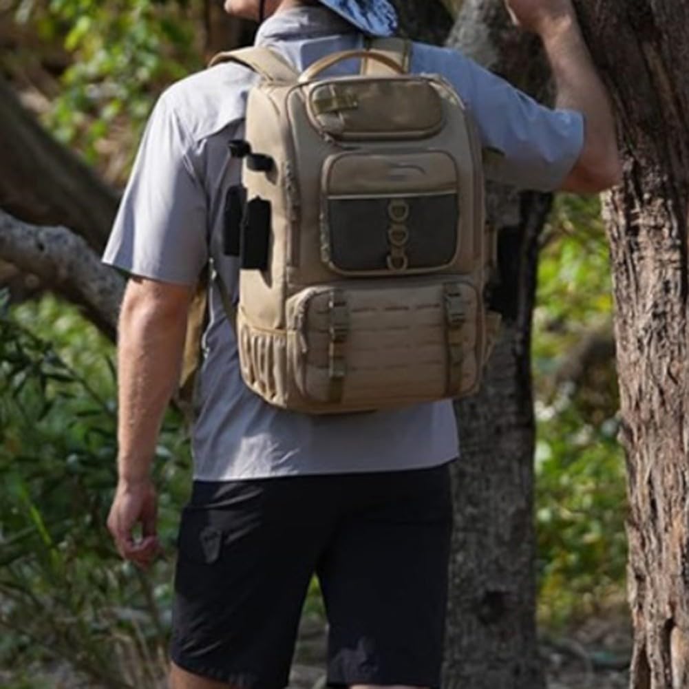 Sac à dos pour matériel de pêche avec porte-canne | Sac à dos multifonction de grande capacité de 40 L | Sac en tissu Oxford 600D avec 14 poches pour randonnée, camping, voyage en plein air (marron)