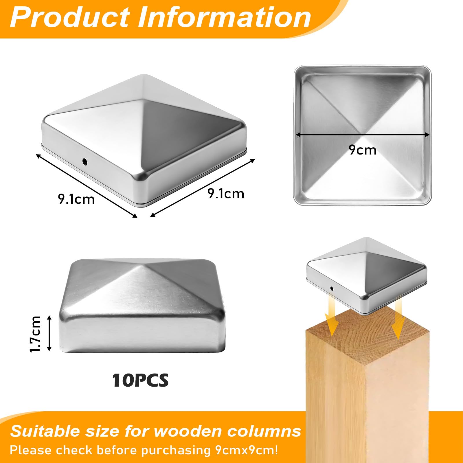 10 Stück Pfostenkappen 9X9CM,Edelstahl Pfostenkappe,Abdeckkappe Für Pfosten,Zaunpfosten Kappen,Abdeckkappe Metall Für Zaun Und Garten,Holzpfosten,Terrassenpfosten(Silber)