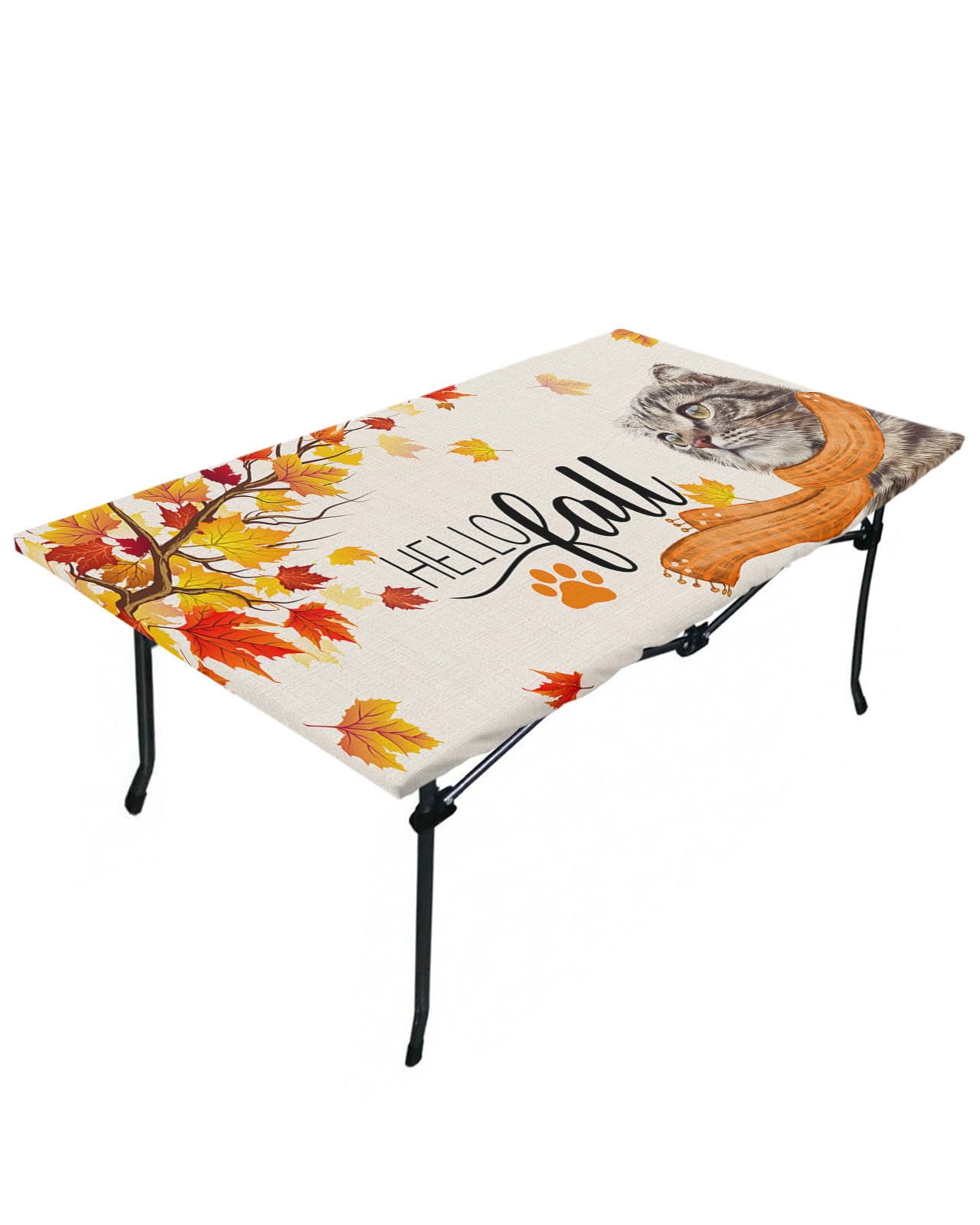 LEOKOTI Hello Fall Fitted Table Covers for 3 Foot Tables, Thanksgiving Cat Red Orange Maple Leaf Rustic Elastic Table Cover Rectangle 24