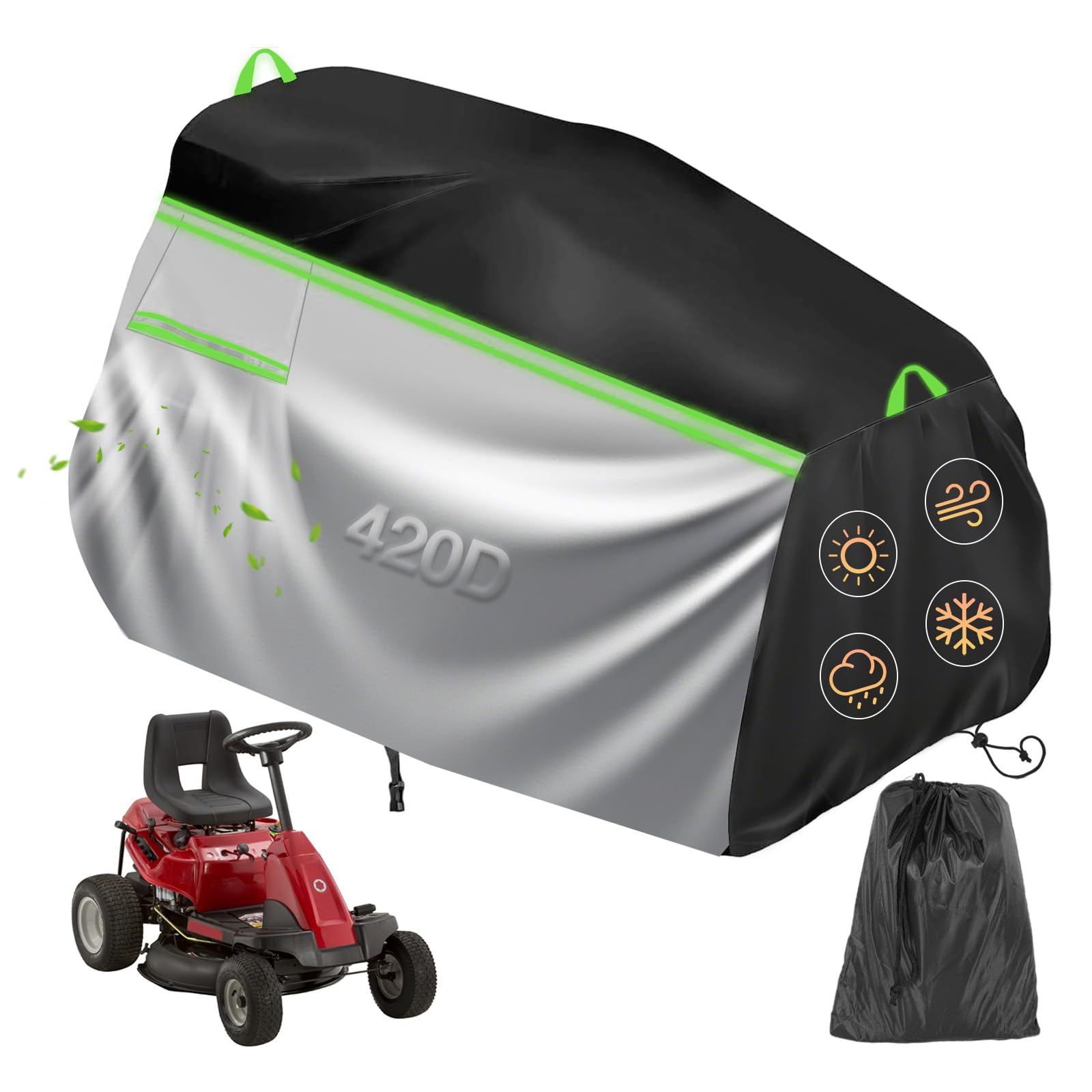 Abdeckung für Aufsitzrasenmäher, Wasserdicht Abdeckungen für Rasenmäher 400D Oxford, mit Kordelzug, Schnalle, Reflektorstreifen, Griff, Winddicht Staubdicht Schneeschutz UV-Schutz (L-200×139×116 cm)